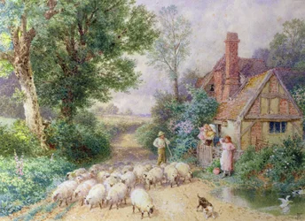 Shepherd and his flock passing a country cottage